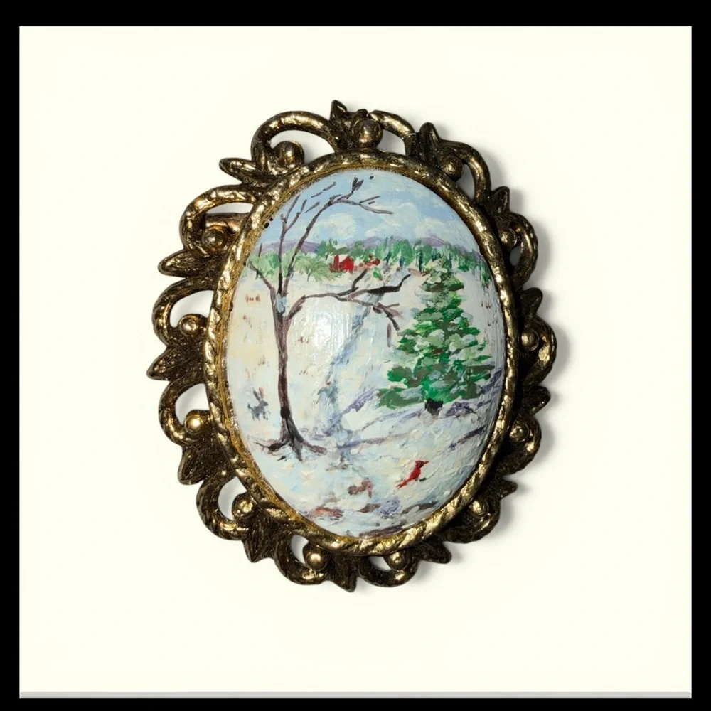 Vintage Hand-Painted Cameo Style Brooch /Pendant - Scenic Winter Landscape
